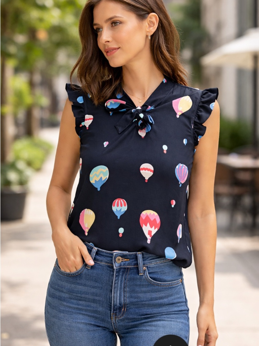 Navy Tie-Neck Ruffle Sleeve Top with Hot Air Balloon Print